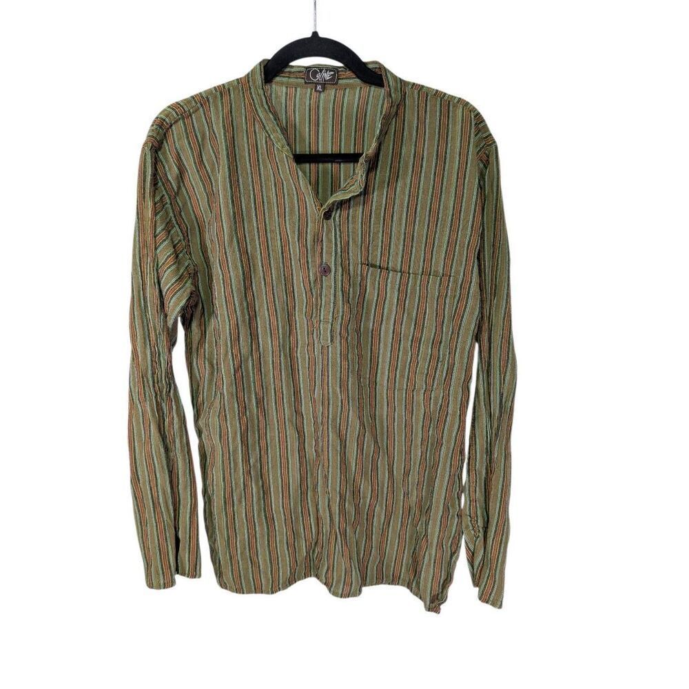 Coline green and red striped cotton grandad shirt Women's XL